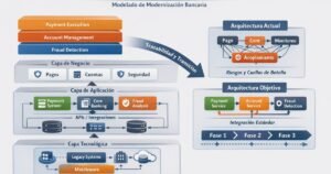 Infografía sobre BIAN y ArchiMate para modelar la modernización bancaria: dominios de servicio, capas de arquitectura y transición desde arquitectura actual a objetivo con roadmap por fases.